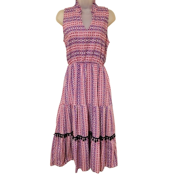 Magari Italy Fit Flare Skirt Sleeveless Dress Women's Small Pom Pom Geo Print - Picture 9 of 9